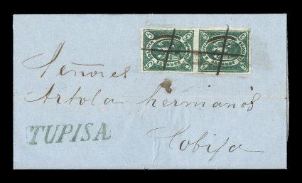 1867 5c Green, fourth re-engraving, vertical pair, positions 618, nice even margins, deep color and attractive impression, tied to entire folded letter of July 31, 1868 to
Cobija by crossed lines ms. cancels, plus Contratos crossed out on each