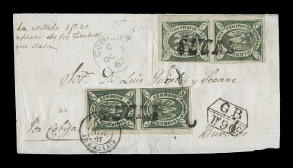 1867 5c Green, original plate, third state, two vertical pairs, positions 820 and 3244, clear green color and sharp impression mostly clear to extra-large margins, tied to a
large part of an 1867 foreign mail folded cover to France including th