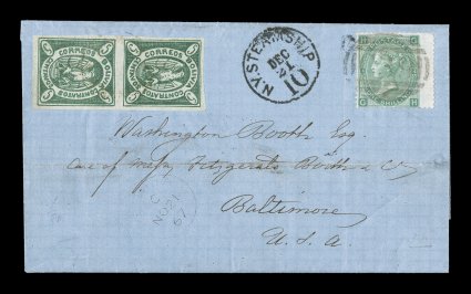 1867 5c Green, original plate, fifth state, a gorgeous vertical pair, position 1527, with brilliant green color on fresh bright paper, balanced large even margins all around,
tied to an amazing combination mixed franking entire foreign mail co