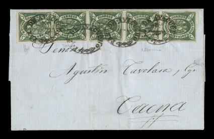 1867 5c Green, original plate, fifth state, an exquisite foreign mail posting to Peru with vertical strip of four and single, positions 3167 for the strip and 31 for the
single, paying the double letter rate to Pacific coastal countries, all tie