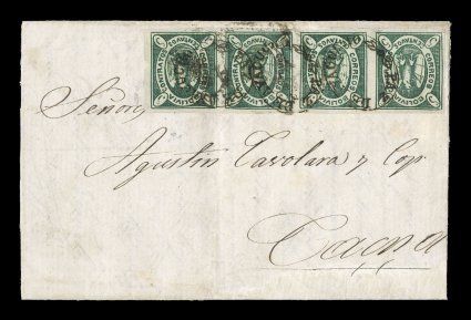 1867 5c Green, first re-engraving, lovely horizontal strip of four, positions 29-32, featuring fresh deep green color and sharp clear impression, large balanced margins all
around, tied to entire folded foreign mail letter of December 16, 1867 to