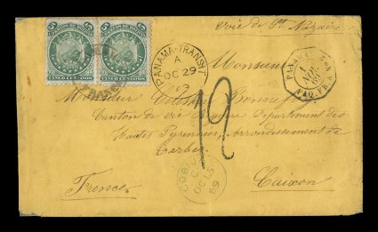 10, 1868 5c Green, horizontal pair tied to 1869 foreign mail cover to France via the British Postal Agency at Cobija, pair tied by LamarFranca circular handstamp for domestic
postage of the Bolivian post office, then turned over to the Br