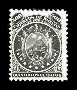 14, 1868 500c Black, a mint example of this key value, attractive deep color with sharp impression, fairly well centered with perfs. clear of the design all around, possessing
original gum which is difficult to find on this value, slight gum soa