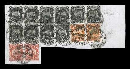 14, 1868 500c Black, an impressive and incredibly rare portion of a money order form with ten of the rare 500c Black high value of the Nine Star issue, plus two 100c Orange of
the same issue, all of these appear to be in horizontal pairs, though