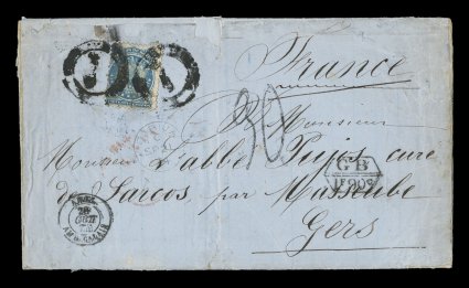 17, 1869 50c Blue, an extraordinarily rare single franking on folded entire foreign mail letter to France via the British Postal Agency in Cobija, letter is datelined August
30, 1874 at Sucre, the stamp is tied by two heavy indistinct double