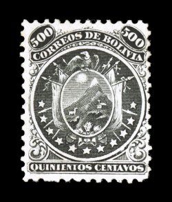 19, 1869 500c Black, the extraordinarily rare high value of the Eleven Star series greatly exceeding the rarity of its Nine Star counterpart and also avidly sought after by
the Bolivian collector, attractive unused single, deep black color on br