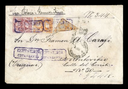 21, 21a, 23, 1878 50c Dull carmine along with 10c Orange and a diagonal bisect of the 10c orange, a similar franking to the previous cover, this paying the 65c registry fee
and postage to Montevideo, Uruguay, stamps are tied by CertificadoCoch