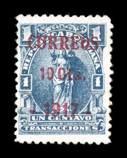 102, 1917 Correos 10 Cts.1917 on 1c Blue Cobija provisional surcharge, Ty. I, an amazing and unique mint example of this very rare issue of which only 1,000 stamps were
surcharged, fresh with large part o.g., attractive fine centering w