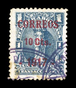 102, 1917 Correos 10 Cts.1917 on 1c Blue Cobija provisional surcharge in camine, Ty. I, another example of this rare provisional, well centered, portions of two Cobija violet
cancels on the front and portions of two of the same cancel as a c