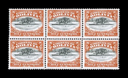 C1a, 1924 10c Vermilion and black air post, inverted center, a stunning pristine mint block of six of this rare and popular inverted center air post, remarkably well centered
overall being well above the average for this error, brilliant fresh v