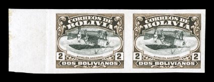 C6 var., 1924 2B Black brown and black air post, imperforate, inverted center, left sheet-margin horizontal pair, large even margins on the other sides as well, exceptionally
attractive with rich colors and detailed impressions on fresh paper, o
