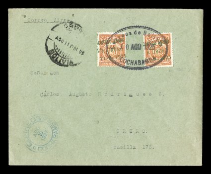 1925 August 11th Junkers First Flight Cochabamba to Oruro, a rare double rate cover with two of the Correo Aereoa Oruro5-8-1925 green overprint on 50c Orange semi-official air
post stamps, tied by violet Correos de BoliviaCochambia10 Ago