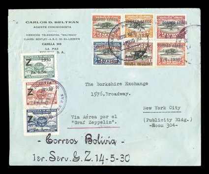Sieger 60D var., 1930 Pan-American Flight, an amazing special franking cover for the flight to Lakehurst with all three Zeppelin stamps and the special Air School air post
overprinted set of six complete with inverted overprints, overprinted