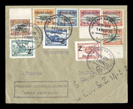 Sieger 60D var., 1930 Pan-American Flight, another exceptionally rare special franking cover for the flight to Lakehurst with all three Zeppelin stamps with inverted
surcharges plus the special Air School air post overprinted set of six comp
