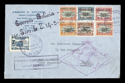 Sieger 60D var., 1930 Pan-American Flight, an especially attractive special franking cover for the flight to Germany with only the 3B Zeppelin stamps but including the special
Air School air post overprinted set of six complete, this rare cover