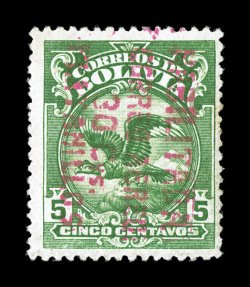 1933 HabilitadaCorreo Aereo30cvsPlatanillos provisional red surcharge on 5c Green, surcharge reading from top down, this provisional was used for a very short time at the
Bolivian fort of Fortin Platanillos, fresh bright color, o.g., n.h., v