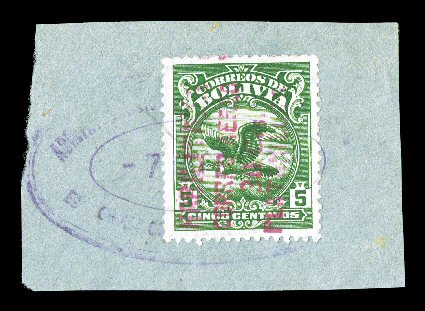 1933 HabilitadaCorreo Aereo30cvsPlatanillos provisional red surcharge on 5c Green, a used example of this provisional reading from bottom up, remarkably well centered,
brilliant color on bright paper, tied to piece by oval postmark of Gran C