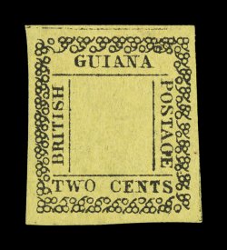 S.G. 121a, 1862 2c Black on yellow, unsigned, position 21, unused, strong impression, nicely centered, very fine 1976 RPS and 2008 BPA certificates (Scott 40a
$1,875.00).