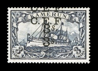 S.G. B12c, 1915 3- on 3M Kaiser Yacht, double surcharge, two distinct overprints, well centered, strong color, o.g. (very slightly brownish), a couple minor creases, otherwise
very fine a very rare error,with only one sheet of twenty stamps
