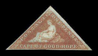S.G. 1a, 1p Deep brick red on deeply blued paper, a handsome example of this exceedingly rare mint stamp, with full to large margins all around, lovely rich color and a well
defined impression, full original gum (a most unusual occurrence), very