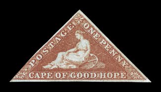 S.G. 3, 1853 1p Brick red, slightly blued paper, full margins all around except just into the frame line at the bottom of the left margin, strong bright color and a sharp
impression, full original gum (quite scarce), faint bend at top, fine cle