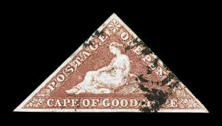 S.G. 5, 1857 1p Brick red, select quality used example, with large even margins all around, lovely rich color and a crisp detailed impression, unobtrusive cancel, extremely
fine 1995 Brandon certificate (Scott 3b $1,000.00).