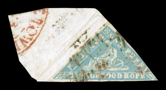 S.G. 13c, 1861 1p Pale milky blue Wood Block error of color, tied to piece by black grid cancel, stamp with mostly large margins all around, just into the design at bottom
right, a portion of a red transit pmk. is present on the backflap and a
