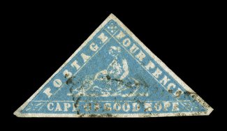 S.G. 14d, 1861 4p Blue Woodblock, large even margins all around, rich color and a strong impression, lightly cancelled, shallow thin spot in the left corner, choice very fine
appearance 1991 RPS certificate (Scott 9b $3,400.00).