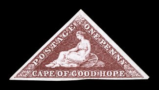 S.G. 22, 1863 1p Deep carmine red, watermark crown CC, a lovely example of this trial printing rarity, which only exists unused, gorgeous vibrant color and a deeply etched
impression on fresh paper, large margins all around, small horizontal sci