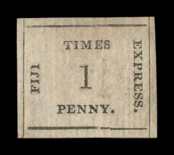 S.G. 5, 1871 1p Black on rose Fiji Times Express, position 15, unused, balance margins all around, regummed over a tiny repair, very fine appearance clear 1986 RPS certificate
and a 2008 BPA certificate (Scott 6 $1,000.00).