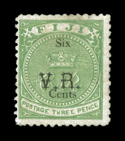 S.G. 17, 1874 SixV.R.Cents surcharge Type 5 on 3p Green, strong rich color, o.g., horizontal crease at top and a minute sealed tear, fine appearance a rare stamp 2008 BPA
certificate (Scott 24 $1,650.00).