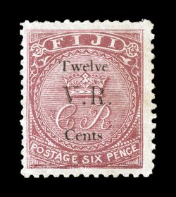 S.G. 21, 1874 Twelve Cents surcharge on 6p Rose with Roman V.R., unused, lovely color, certificate states regummed but we feel this could be original gum, minor imperfections,
fine appearance 2008 BPA certificate (Scott 25 $900.00).