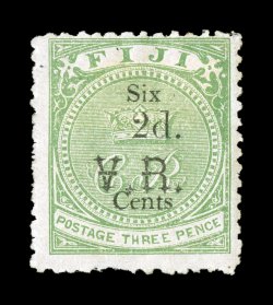 S.G. 24, 1875 Black 2d on Six Cents surcharge on 3p Green with Gothic V.R., seldom seen mint example, o.g., paper h.r., thin spot at bottom, fine appearance 2001 RPS of
Victoria and 2008 BPA certificates (Scott 29 $1,650.00).