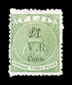 S.G. 25, 1875 Black 2d on Six Cents surcharge on 3p Green with Roman V.R., attractive color, typical centering for this rare stamp, traces of o.g., fine 2001 RPS of Victoria
certificate (Scott 27 $1,950.00).