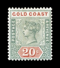 S.G. 24, 1889 20- Green and red, unused, strong rich colors, certificate states regummed but we feel this might possess original gum, overall a very fine example of this rare
high value, being the key to completing the colony signed H. Bloch,