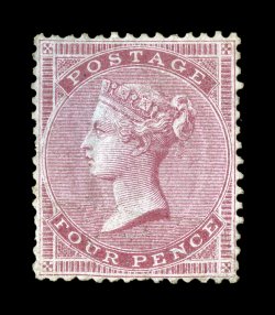 S.G. 62, 1855 4p Carmine on bluish paper, unused, well centered for this, strong color, regummed, certificate states soiled and surface damage at foot, both of which are quite
trivial, very fine appearance 2008 BPA certificate (Scott 22 $5,