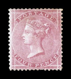 S.G. 62, 1855 4p Carmine on bluish paper, another rare unused example, strong rich color, regummed and partially reperforated, fine appearance 2008 BPA certificate (Scott 22
$5,000.00).