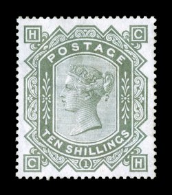 S.G. 135, 1882 10- Greenish grey on white paper, a particularly handsome unused example of this enormously rare stamp, flawlessly centered, marvelously rich color and a well
incised impression on fresh white paper, regummed, extremely fine any