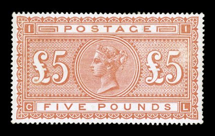 S.G. 137, 1882 £5 Orange on white paper, gorgeous appearing unused example of this rare and popular high value, deep vibrant color and an excellent clarity of impression on
fresh paper, extraordinarily well centered and margined, regummed, there
