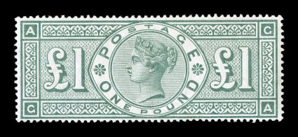 S.G. 212, 1891 £1 Green, nicely centered, deep rich color, full o.g that is just ever so slightly toned., typical natural gum creasing, very fine appearance 2008 BPA
certificate (Scott 124 $3,150.00).