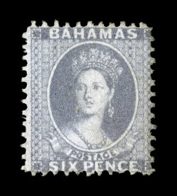 S.G. 11, 1862 6p Lavender grey, perf. 11 12 - 12, an incredibly rare unused example, being the first unused Bahamas S.G. 11 we have ever offered in our auctions, strong color
for this, fresh and fine one of the key rarities to completing