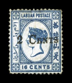 S.G. 24, 1885 2 CENTS surcharge Ty. 7 on 16c Blue, rich luxuriant color, rather well centered, o.g., h.r., very fine for this elusive stamp signed H. Bloch (Scott 25
$1,100.00).