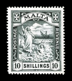 S.G. 96, 1919 10- Black, watermarked multiple Crown and CA, an outstanding mint example of this key rarity of Malta, possessing a wonderful overall freshness, with a
razor-sharp impression on bright paper, marvelously well centered, o.g., light