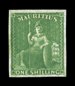 S.G. 35, 1861 1- Yellow green, four large margins, deeply rich color and a well incised impression, full o.g., minor h.r., light horizontal bend at bottom, still very fine 2008
BPA certificate (Scott 21 $575.00).