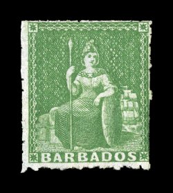 S.G. 16, 1860 (12p) Yellow green, pin-perf. 12 12, unused, bright fresh color, pin-perforations intact nearly all around, fine a desirable example of one of the rarest unused
stamps of Barbados and being the first such example we have offer