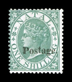 S.G. 37, 1869 1- Green, with 12 34mm Postage. overprint, uncharacteristically fresh, with deep intense color and a sharp impression on fresh paper, o.g., h.r., small thin spot
at top, otherwise a fine example of this exceedingly rare mint st