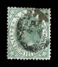 S.G. 57, 1870 1- Green, with curved Postage overprint in carmine, strong rich color, reasonably well centered, tiny repair at top right, fine appearance a very rare stamp that
is recorded only in used condition 1951 RPS certificate (Scott 