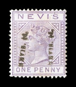 S.G. 36b, 1883 Nevis 12d. surcharge on half of 1p Lilac mauve, unsevered pair, strong color, nicely centered, o.g., h.r., very fine overall a rare stamp that seldom finds it
way to the auction block 1985 Holcombe certificate (Scott 31b $4