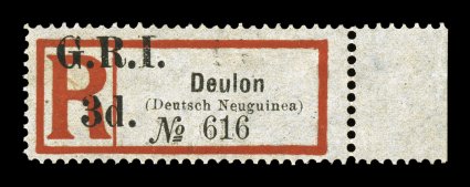 S.G. 34, 1915 3p Deulon registration label, right sheet-margin single, unused, without gum as are all known examples of this major British Commonwealth rarity, strong colors,
very fine this is, by far, the rarest of the registration label sur