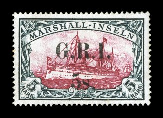 S.G. 62, 1914 5- on 5M Carmine and black, handsome unused example of this key G.R.I. rarity, uncharacteristically well centered, lovely rich color, very fine only 30 examples
of the 5M stamp were printed signed H. Bloch and accompanied by